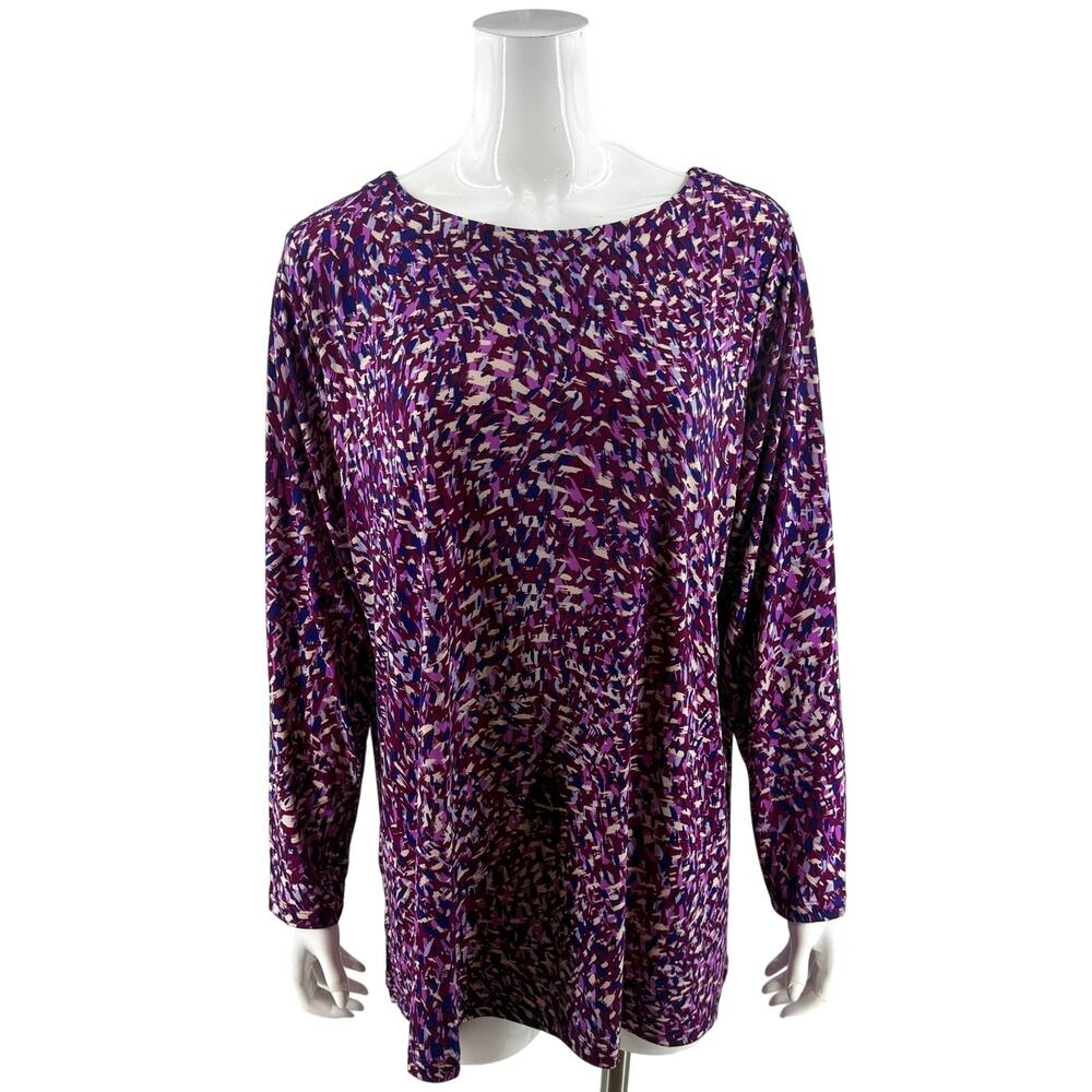Susan Graver Womens Top Plus Size 1X Purple Blue Printed Boat Neck Stretch Knit